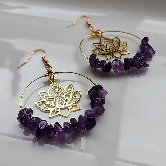Genuine Amethyst Boho Flower Earrings - Picture 3 of 4